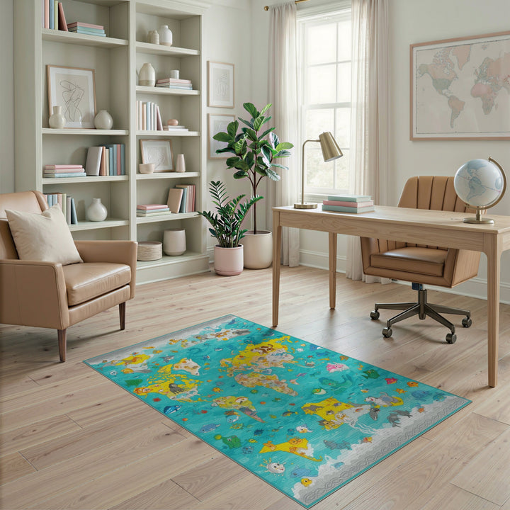 Kids Cartoon World Map Area Rug with Animals
