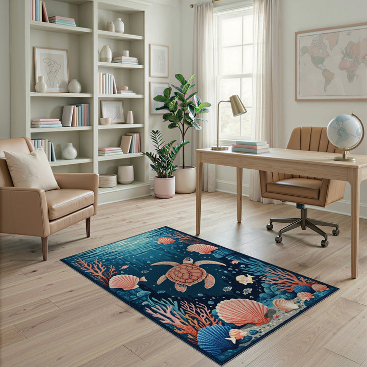 Sea Turtle Coral Washable Area Rug