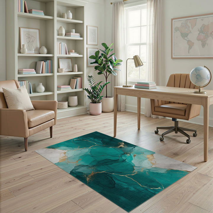Blue and Teal Abstract Area Teal Gold Marble Abstract Area Rug
