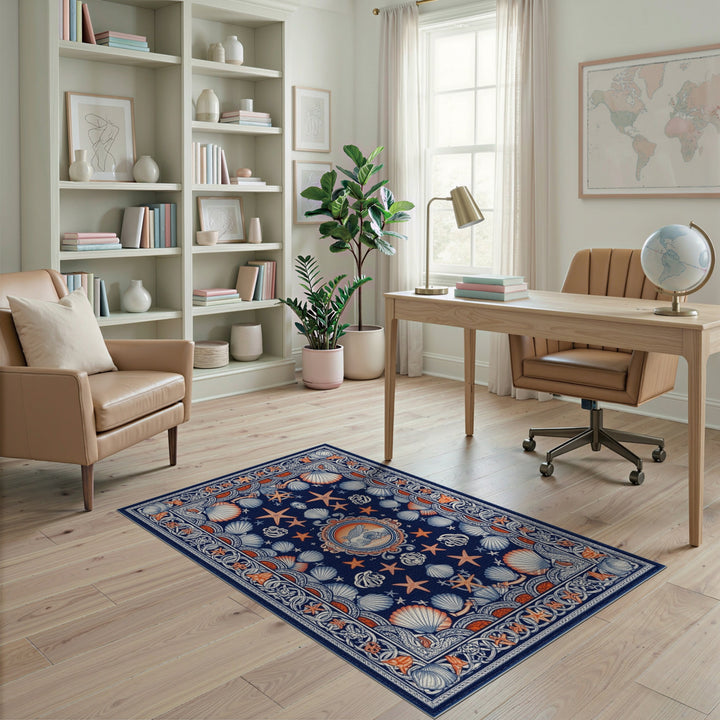 Navy Blue Coastal Seashell Starfish Area Rug