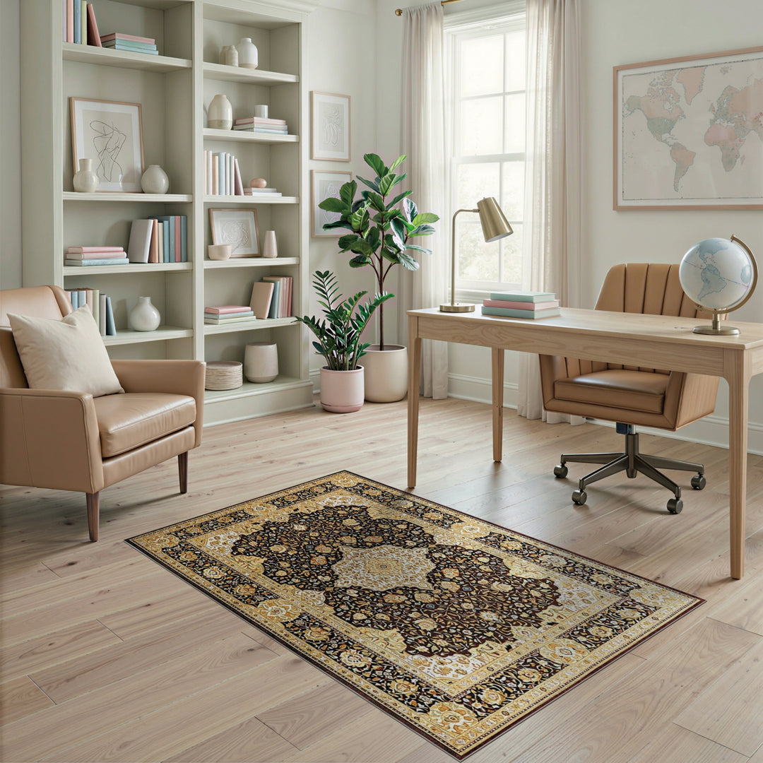 Black Ivory Persian Floral Medallion Rug