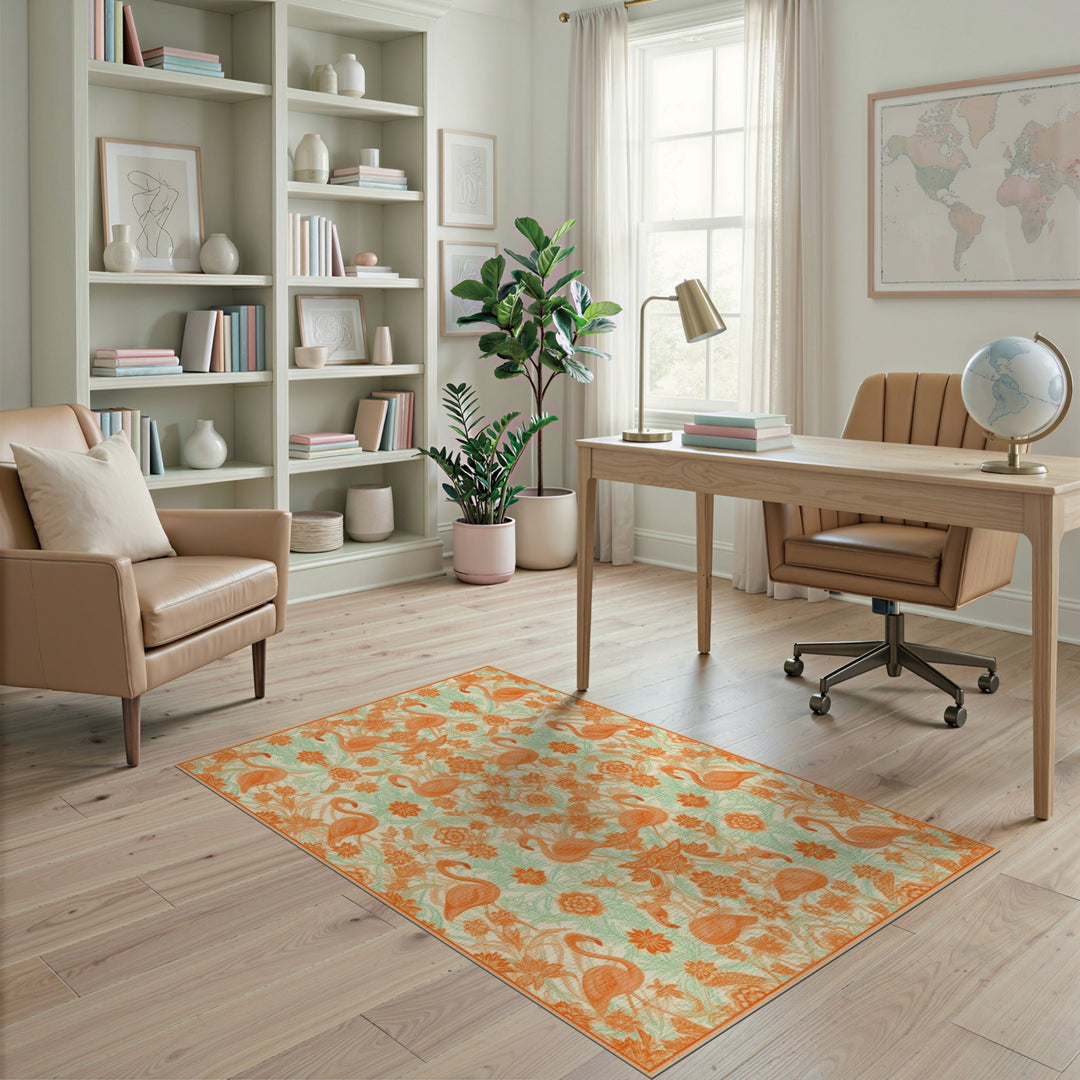 Orange Flamingo Floral Vintage Area Rug
