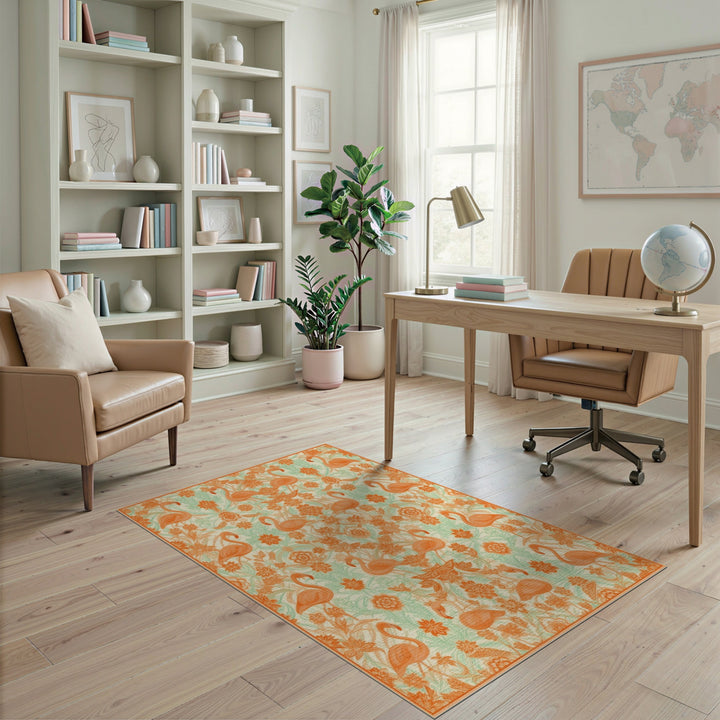 Orange Flamingo Floral Vintage Area Rug