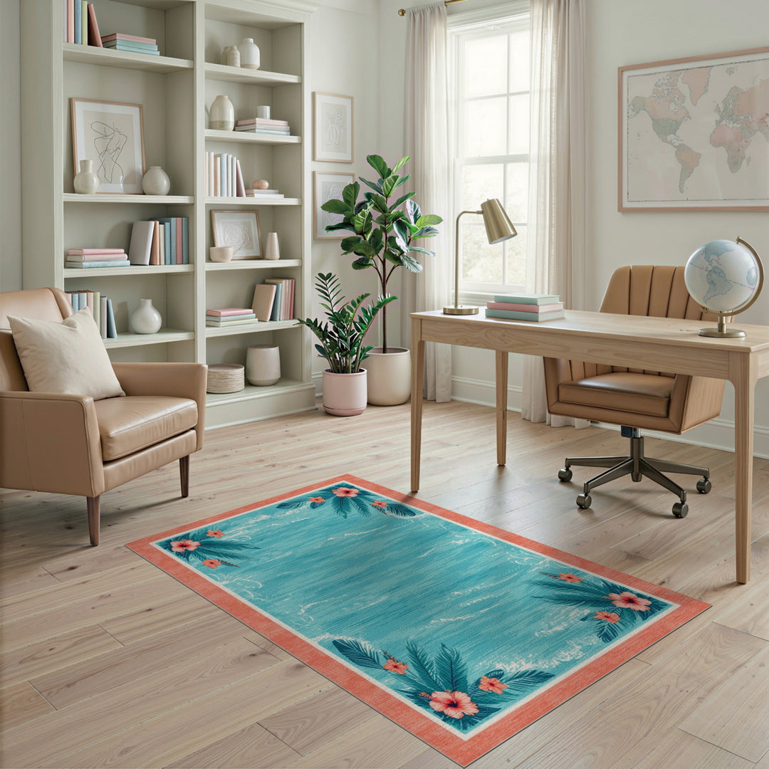 Blue Teal Coastal Wave Hibiscus Area Rug