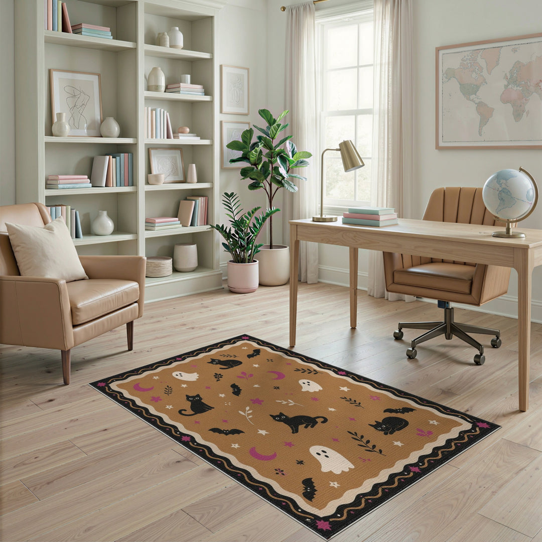 Brown Halloween Black Cats Ghosts Washable Area Rug