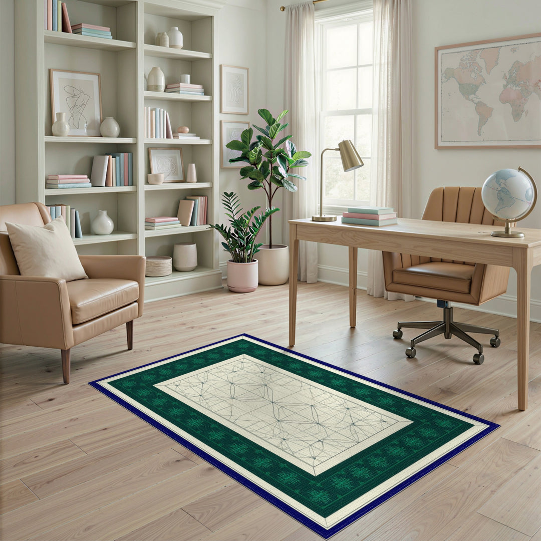 Teal Geometric Snowflake Border Area Rug