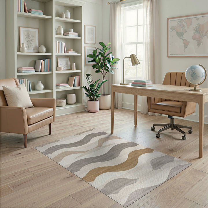 Beige and Neutral Layered Wave Beige Neutral Area Rug