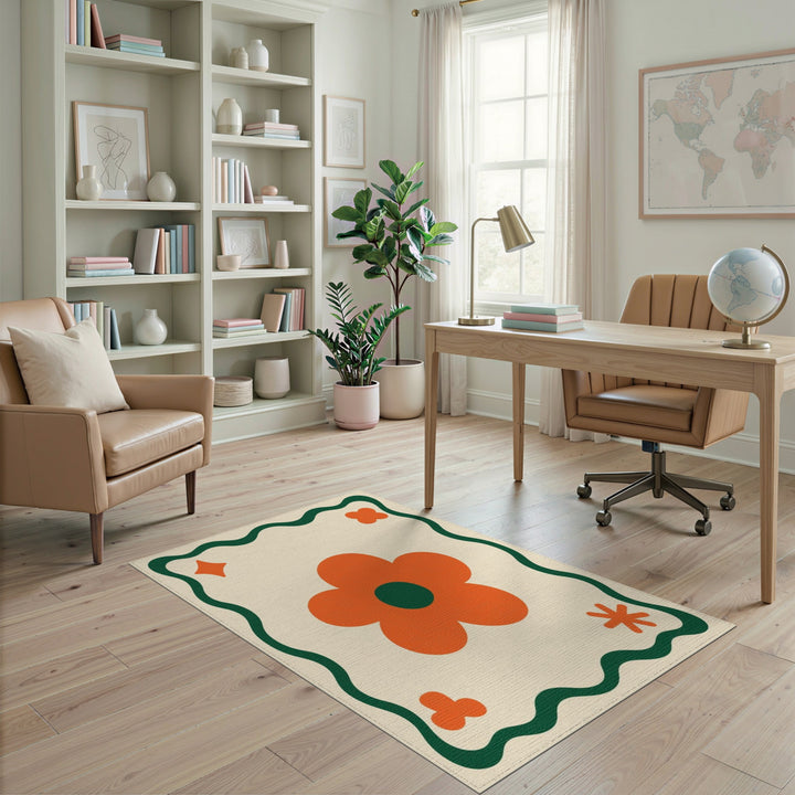 Beige Orange Daisy Floral Area Rug