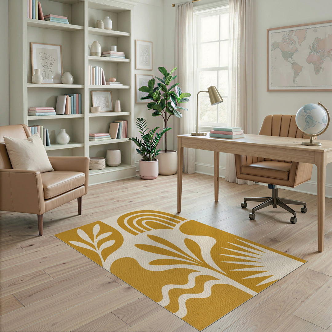 Yellow Boho Leaf Rainbow Area Rug