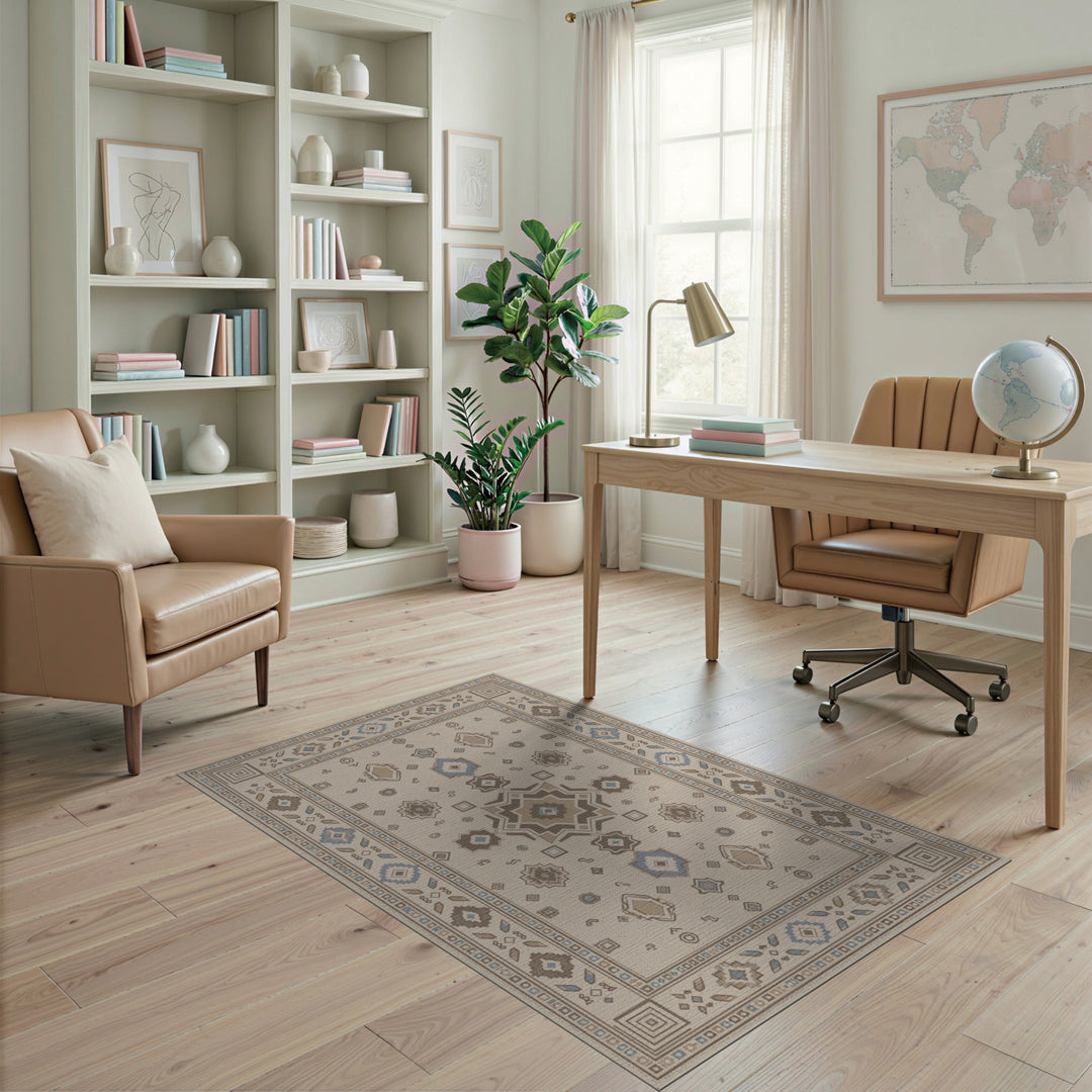 Beige and Neutral Beige Geometric Medallion Area Rug