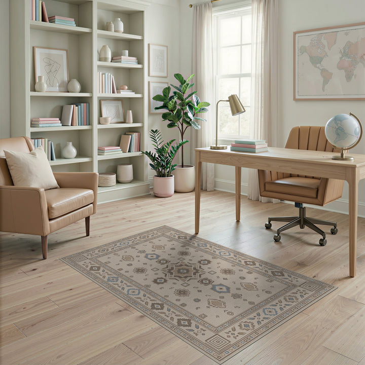 Beige and Neutral Beige Geometric Medallion Area Rug