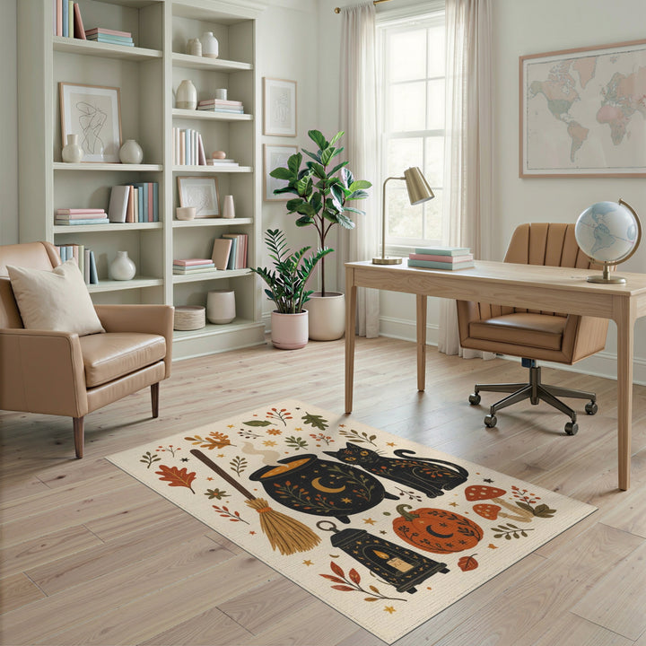 Whimsical Black Cat Cauldron Halloween Area Rug