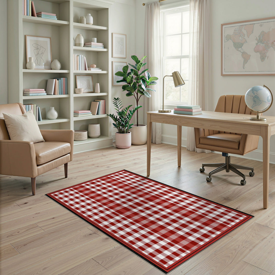 Rustic Farmhouse Red Gingham Checkered Area Rug