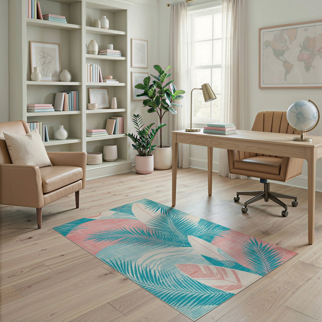 Blue Teal Palm Frond Coastal Area Rug