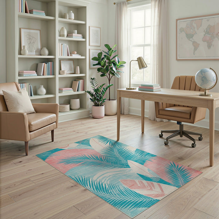 Blue Teal Palm Frond Coastal Area Rug
