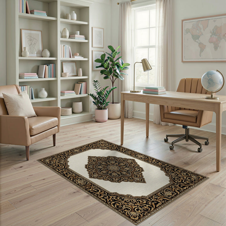 Luxury Black Gold Persian Medallion Area Rug