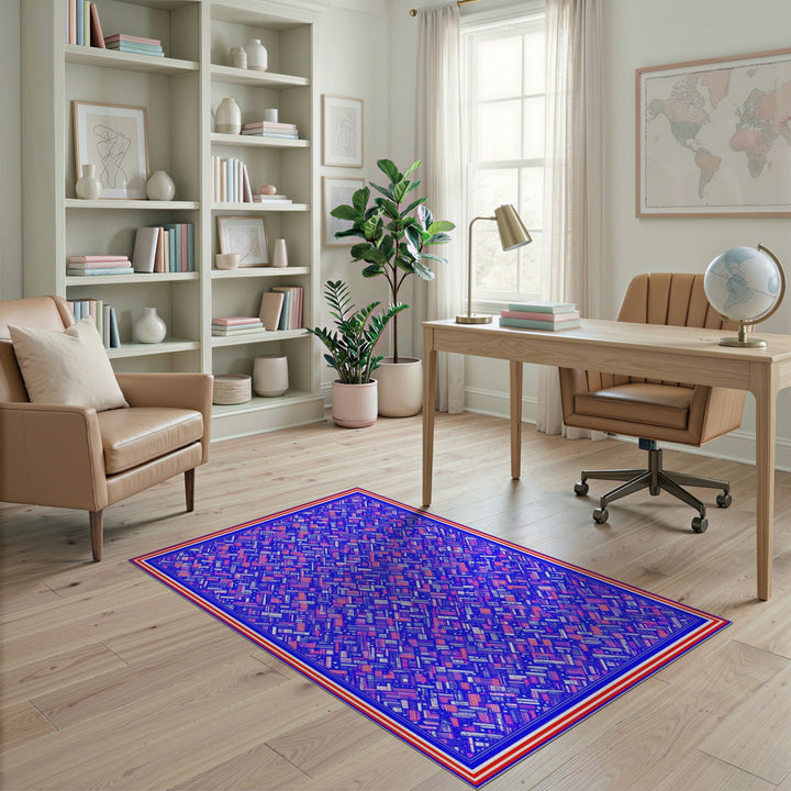 Vibrant Geometric Blue and Red Area Rug