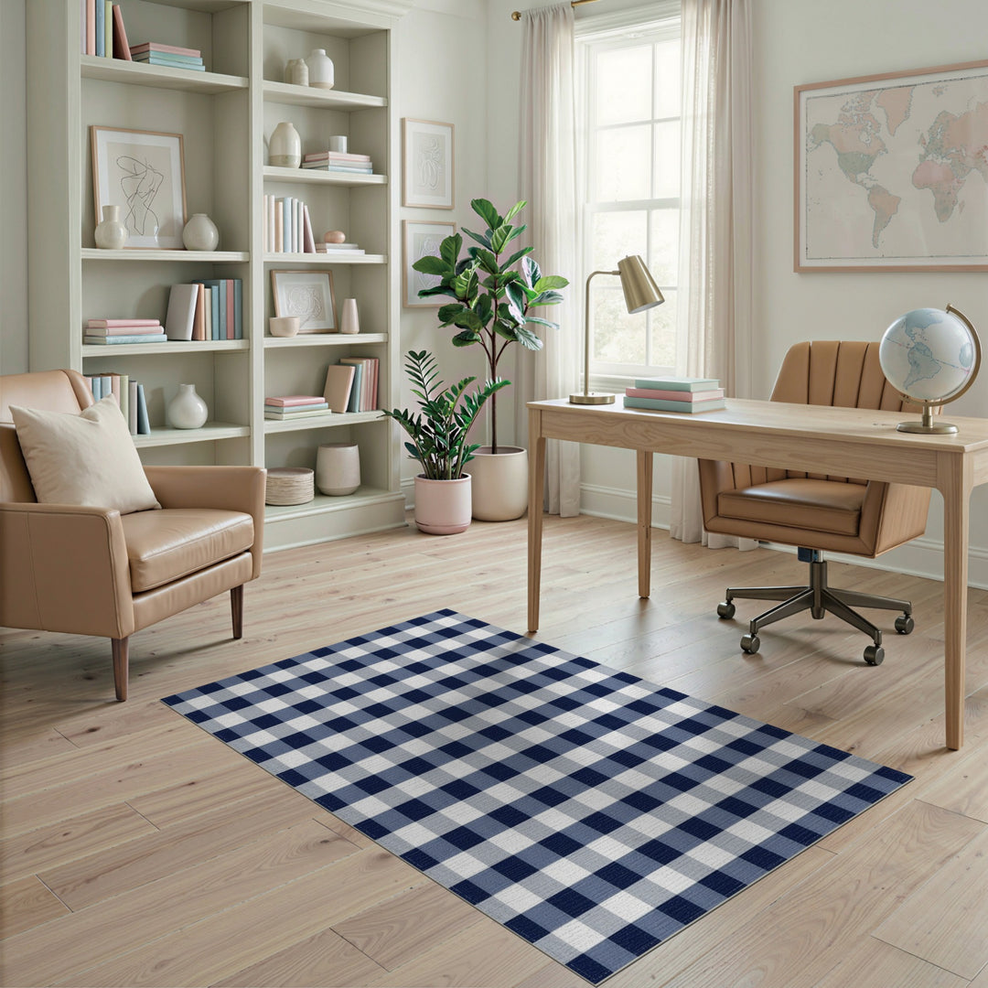 Geometric Modern Navy Blue Gingham Check Area Rug