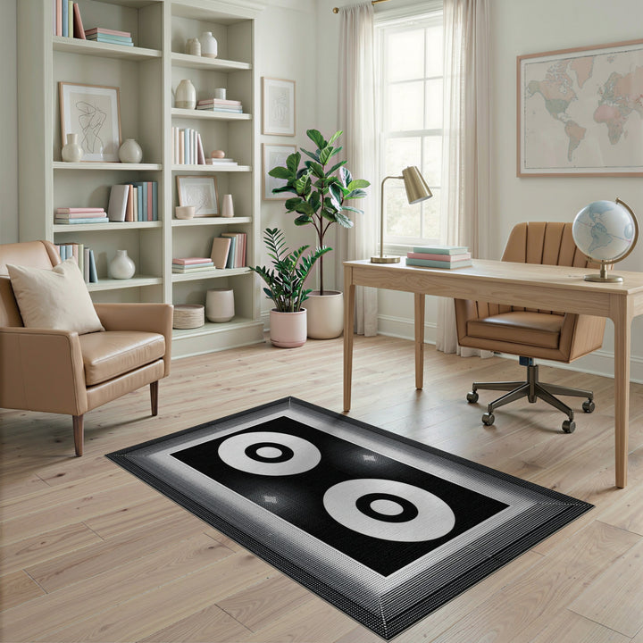 Black White Double Circle Geometric Area Rug