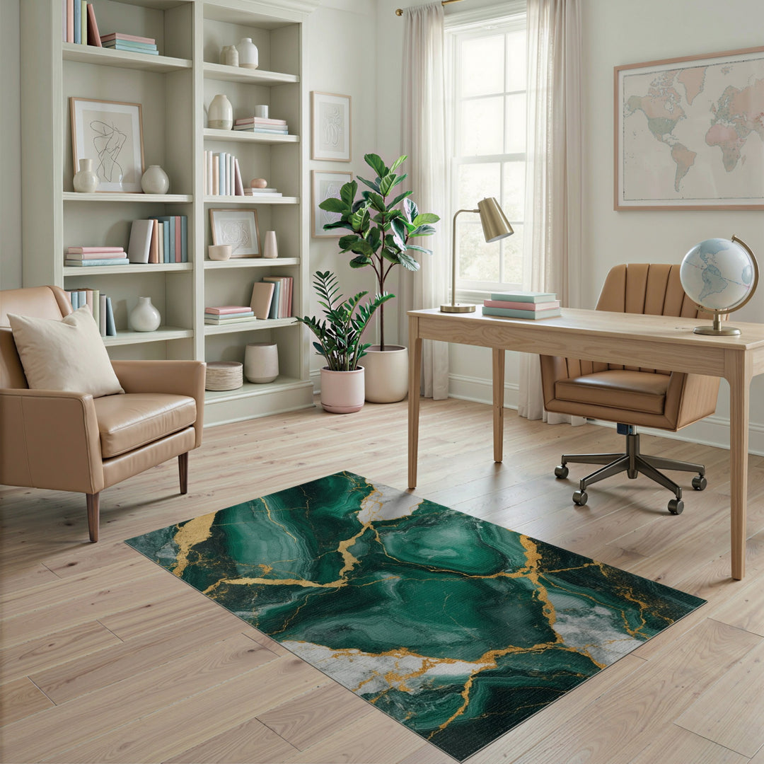 Emerald Green Marble Gold Area Rug