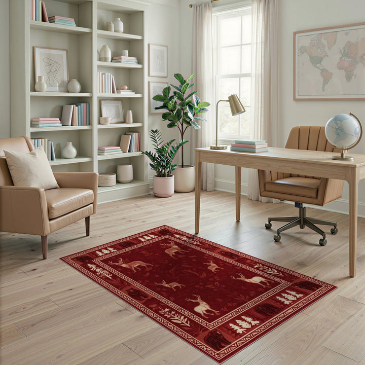 Red Rustic Bear Deer Woodland Area Rug