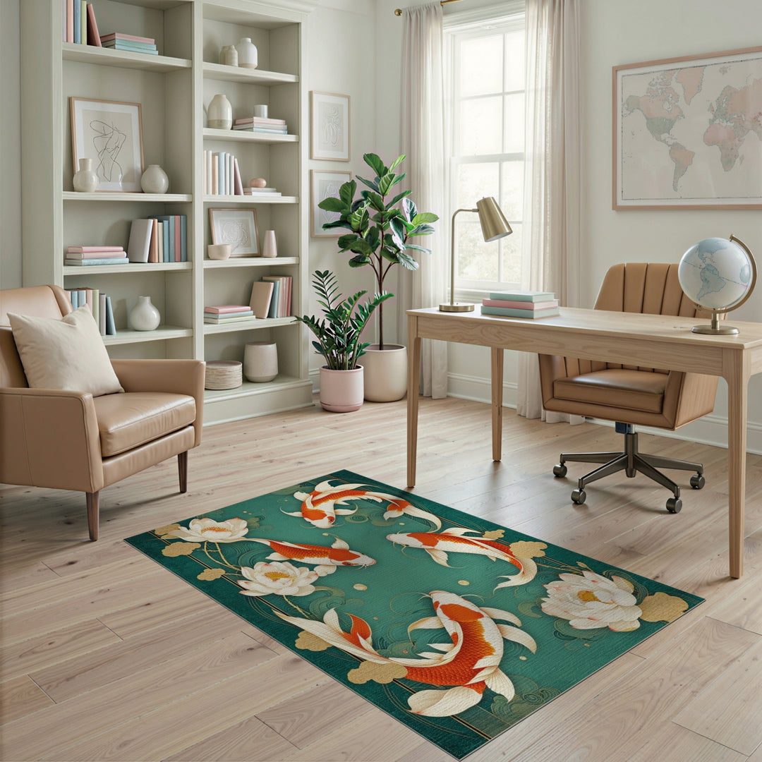 Blue and Teal Koi Lotus Teal Washable Area Rug