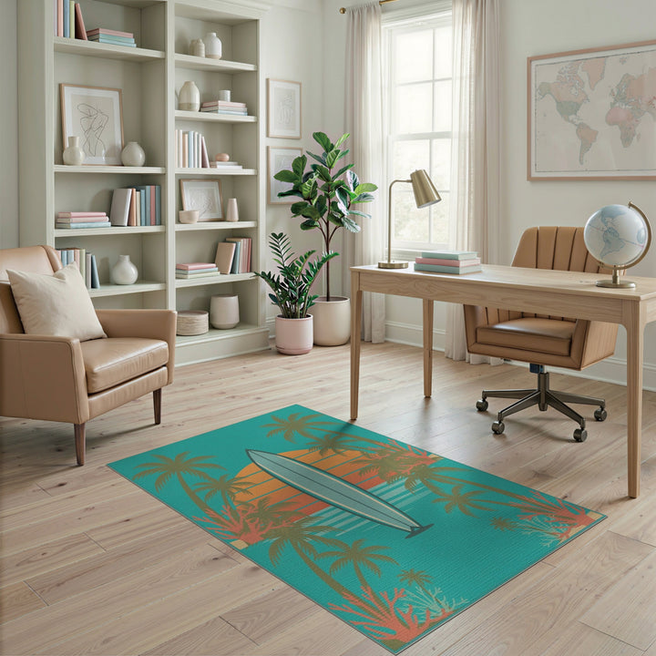 Blue and Teal Retro Surfboard Coastal Area Rug