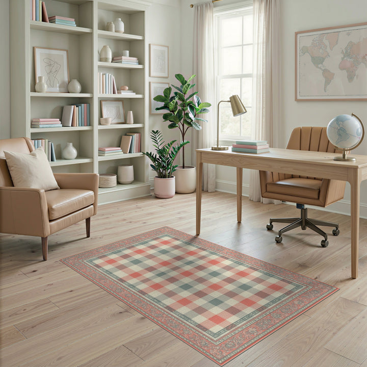 Red Gingham Checkered Area Rug with Vintage Border