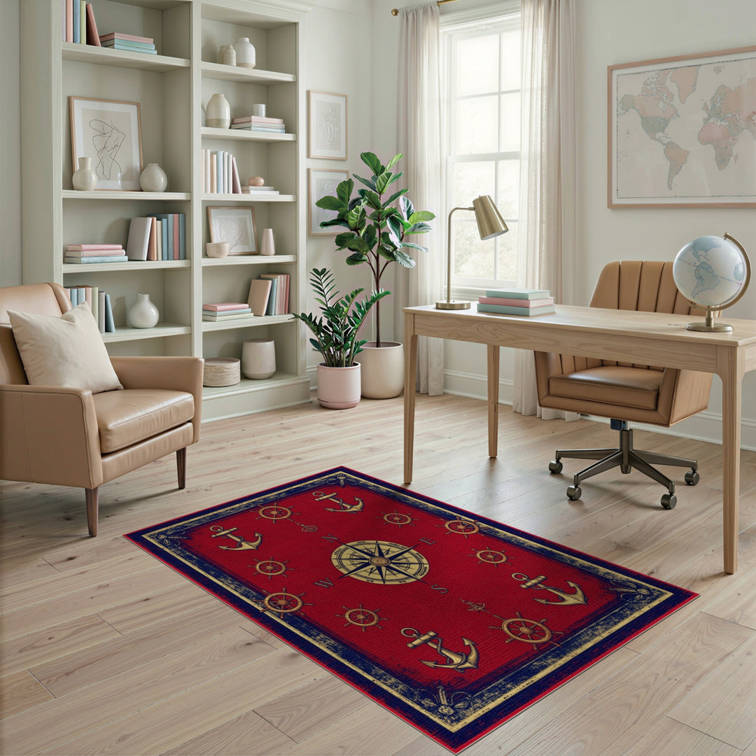 Red Nautical Compass Anchor Vintage Area Rug