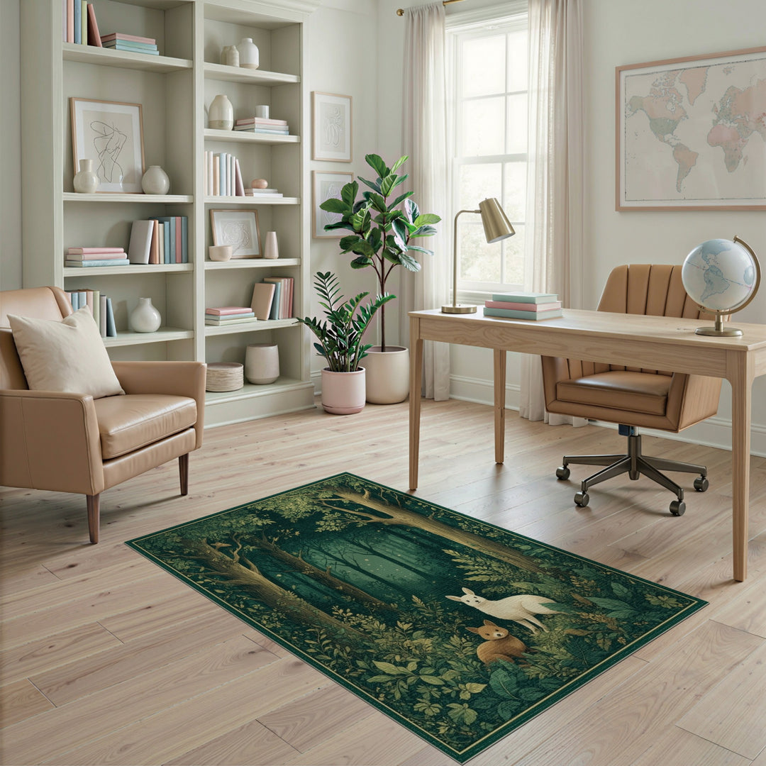 Enchanted Forest Foxes Green Area Rug