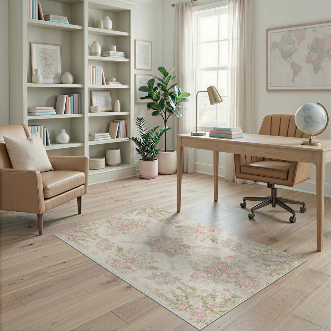 Vintage Pink Rose Floral Area Rug