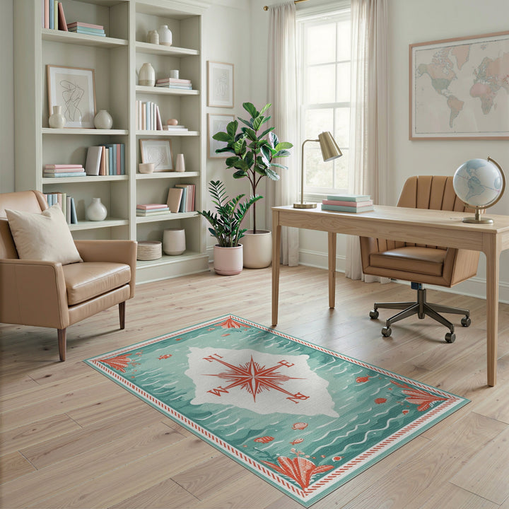 Coastal Compass Teal Area Rug