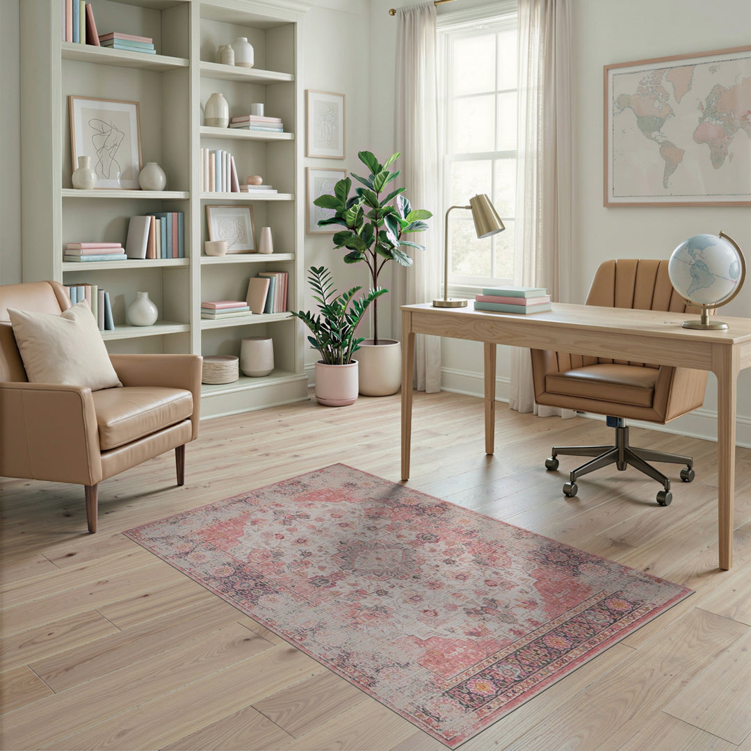 Pink Distressed Vintage Floral Area Rug