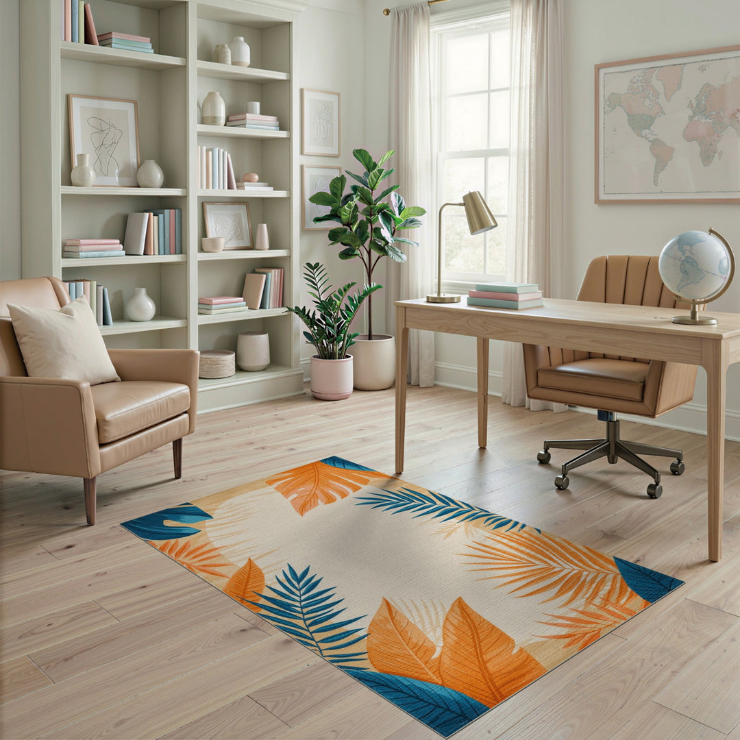 Blue and Orange Palm Leaf Area Rug