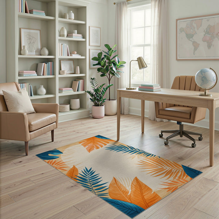 Blue and Orange Palm Leaf Area Rug