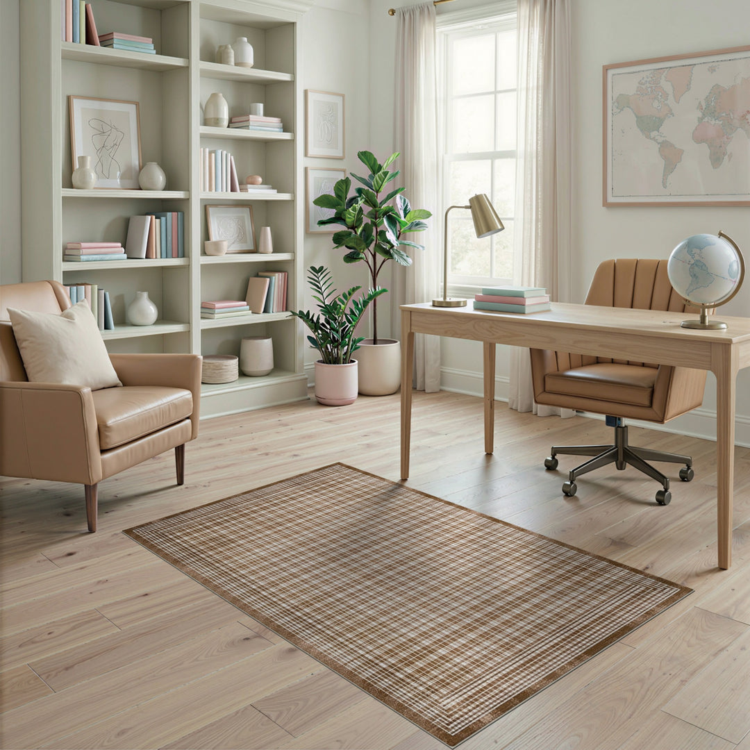 Vintage Brown Gingham Checkered Area Rug
