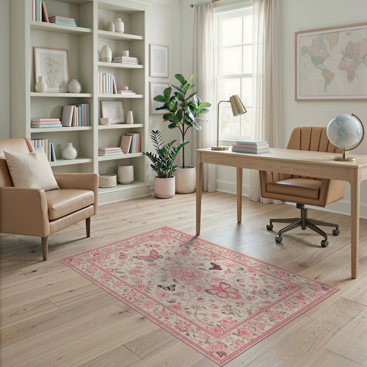 Pink Butterfly Rose Floral Vintage Area Rug