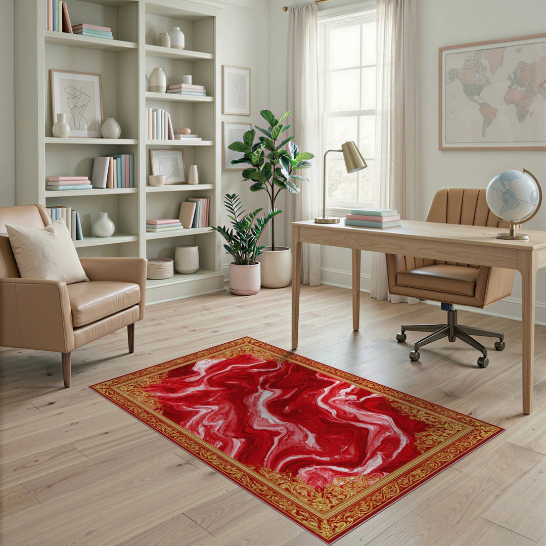 Red Marble Ornate Persian Area Rug