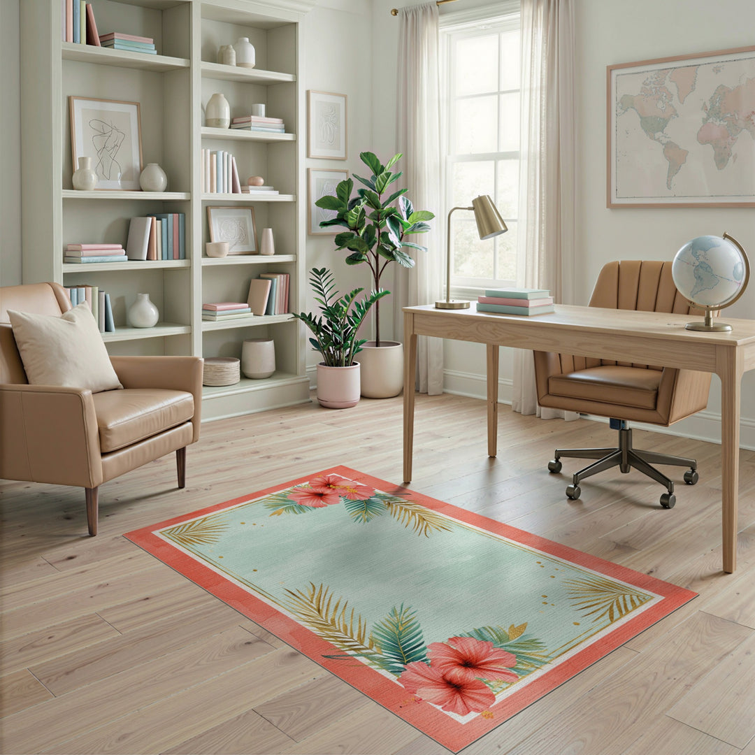 Coral Hibiscus Gold Palm Washable Area Rug