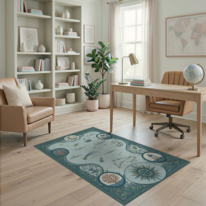 Blue Teal Nautical Compass Ocean Area Rug
