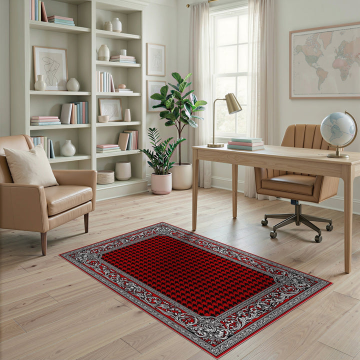 Red Houndstooth Ornate Border Area Rug