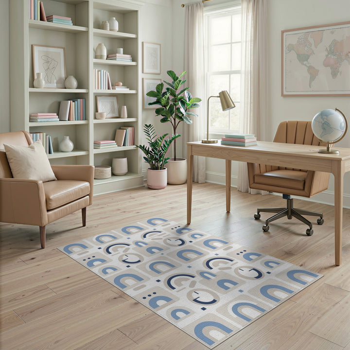 Blue Geometric Arch Washable Area Rug