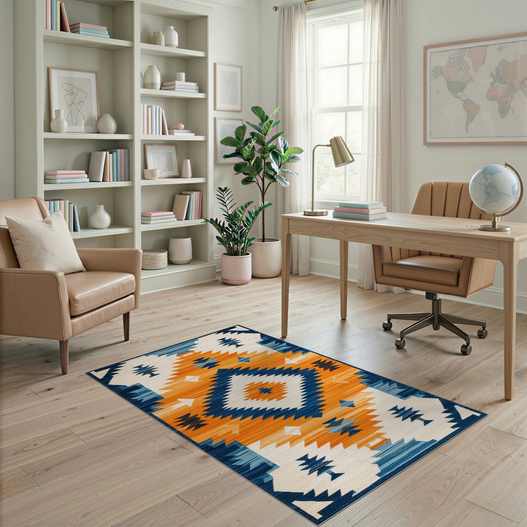 Multi-color and Patterns Southwestern Geometric Area Rug in Blue and Orange