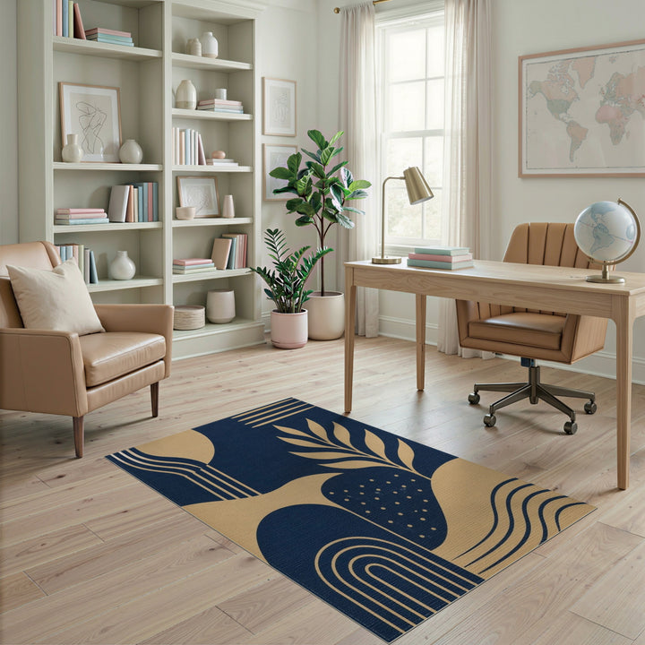 Navy Gold Geometric Leaf Area Rug