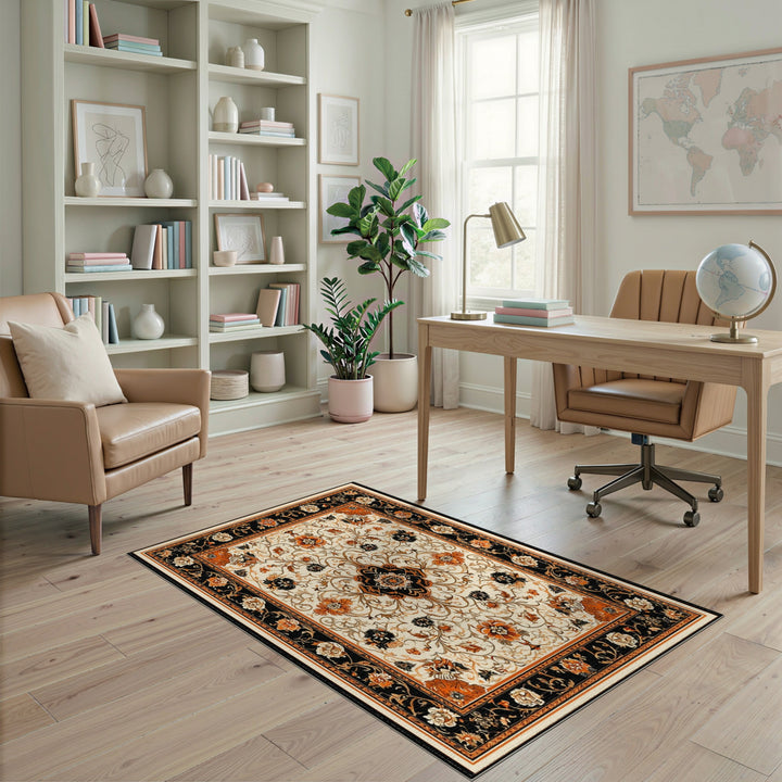 Black Orange Floral Vintage Area Rug