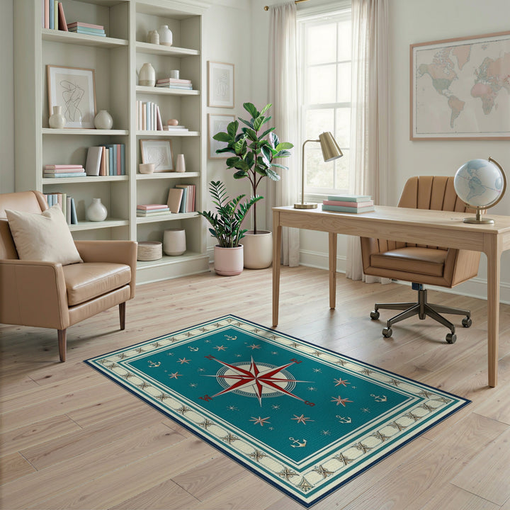Teal Nautical Compass Area Rug