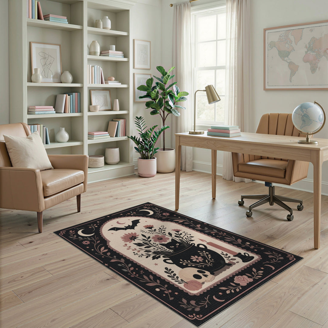 Pink Mystical Black Cat Cauldron Area Rug