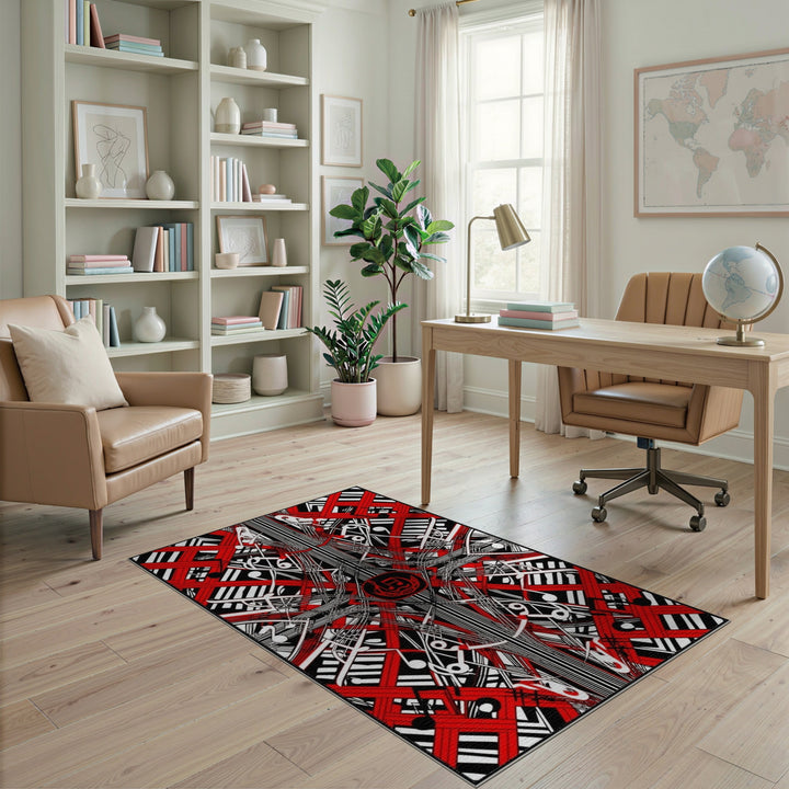 Red Music Notes Geometric Area Rug