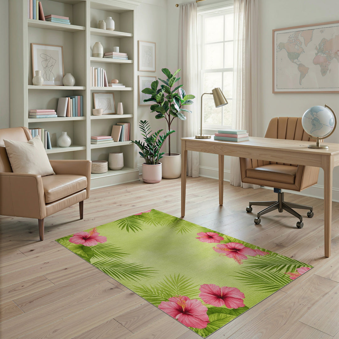Pink Hibiscus Palm Leaf Washable Area Rug