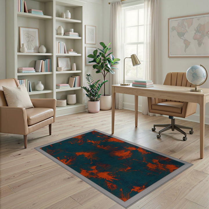 Blue Teal Abstract Orange Splatter Area Rug